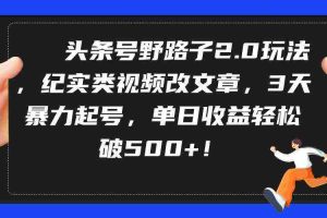 (9488期)头条号野路子2.0玩法,纪实类视频改文章,3天暴力起号,单日收益轻松破500+