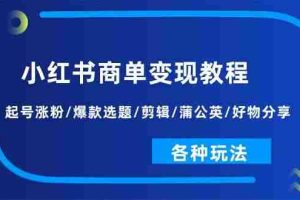 小红书商单变现教程：起号涨粉/爆款选题/剪辑/蒲公英/好物分享/各种玩法