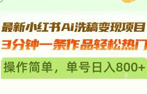 （13182期）最新小红书Ai洗稿变现项目 3分钟一条作品轻松热门 操作简单，单号日入800+